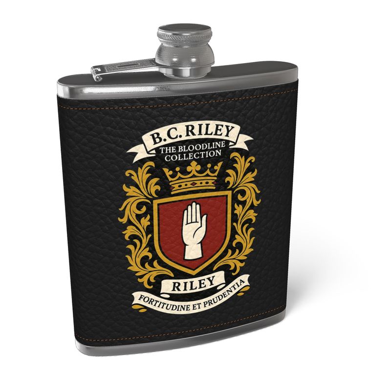 “Bloodline Crest” Designer Leather Hip Flask by B. C. Riley