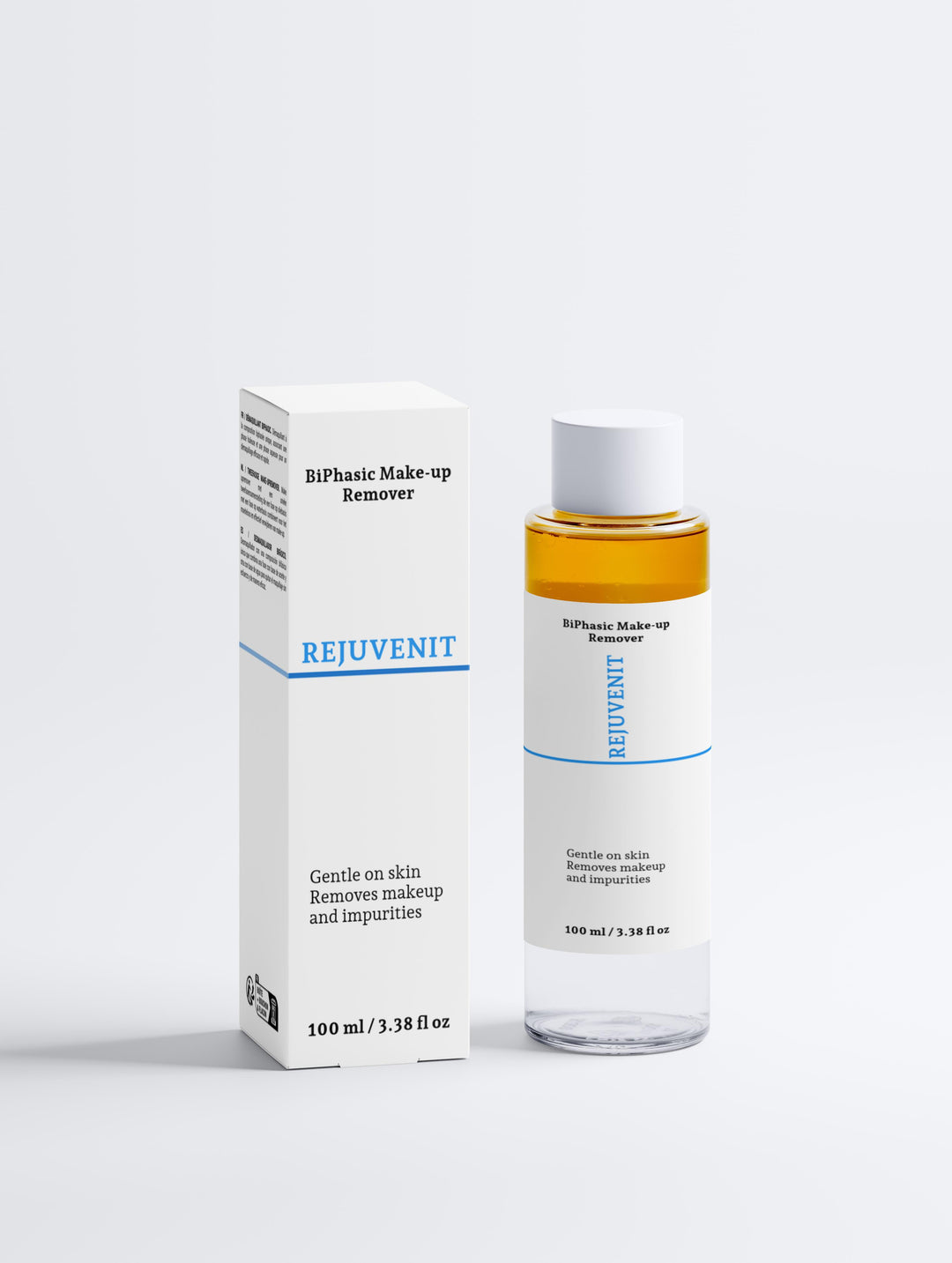 A bottle of Rejuvenit BiPhasic Make-up Remover placed next to its packaging box. The bottle is clear with a white label and the box is white with the product name printed on it.